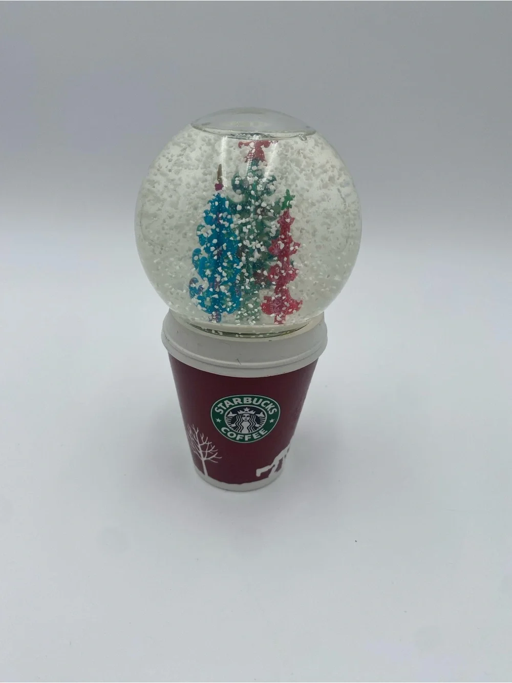 Starbucks Red Cup Snow Globe with Blue, Green, and Red Trees